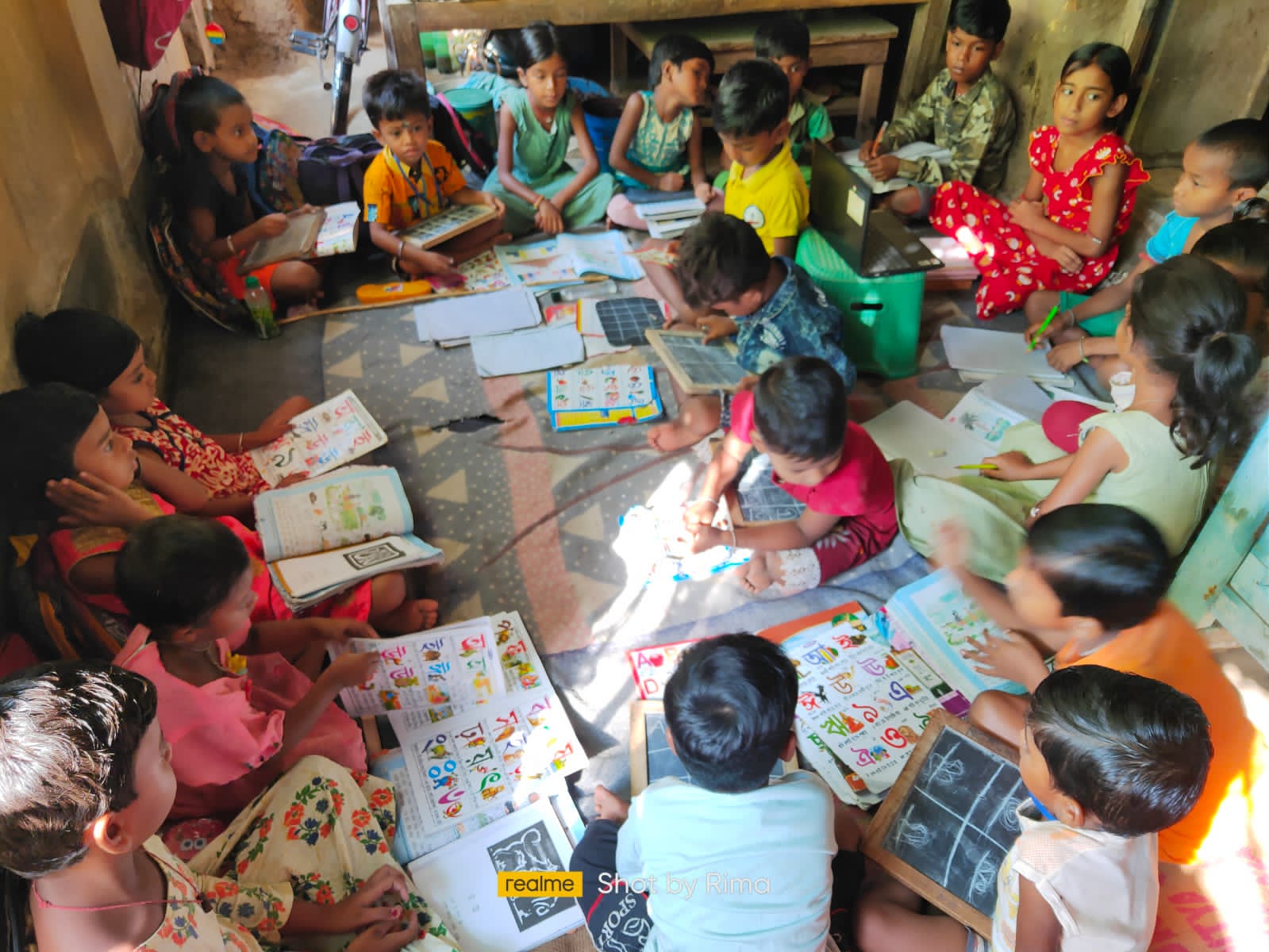 Children taking part in a creative learning activity together